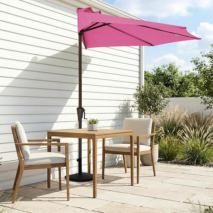 JEAREY 9ft Half Umbrella Outdoor Patio Umbrella Market Umbrellas with Crank, 1/2 Round Wall Umbrella 5 Sturdy Ribs UV Protection for Pool Garden Balcony Deck, Rose Pink