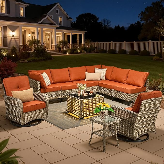 10 Pieces Outdoor Sectional Patio Furniture Set with Swivel Rocking Chairs, Wicker Conversation Sets Rattan L Shaped Couch, Modular Outdoor Sofa for Porch Balcony Backyard, Coarse Stripes Red