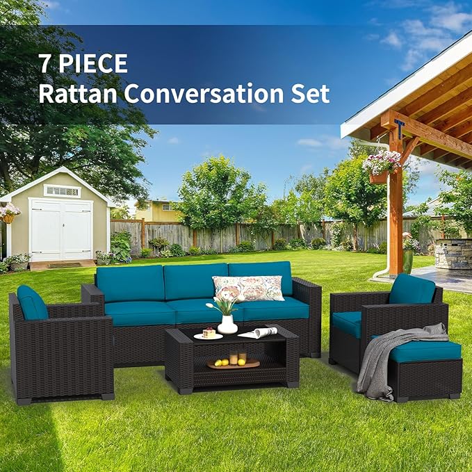 SHGJ&SOFT 7 Piece Patio Furniture Set, Wicker Outdoor Sectional Sofa with Washable Cushion Covers and Tempered Glass Table, Rattan Conversation Set for Poolside