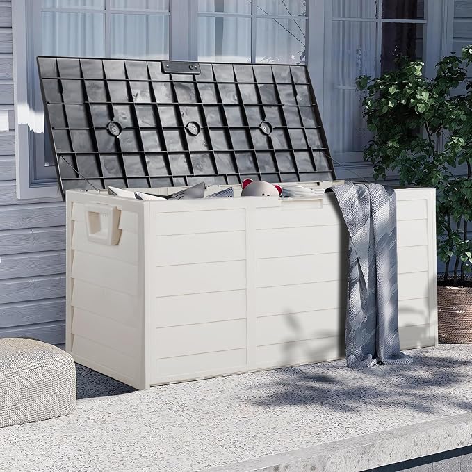 75 Gallon Large Outdoor Storage Box, Indoor and Outside Deck Box with Lockable Design Lids, Waterproof Resin Storage Containers Bin for Garden Garage Patio Poolside Toy Storage Black & White