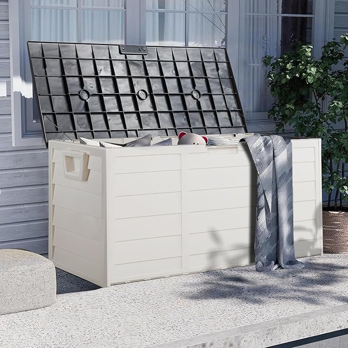 75 Gallon Resin Deck Box,Outdoor Large Resin Deck Box,Lockable Container for Patio Furniture Cushions Garden Tools (White)