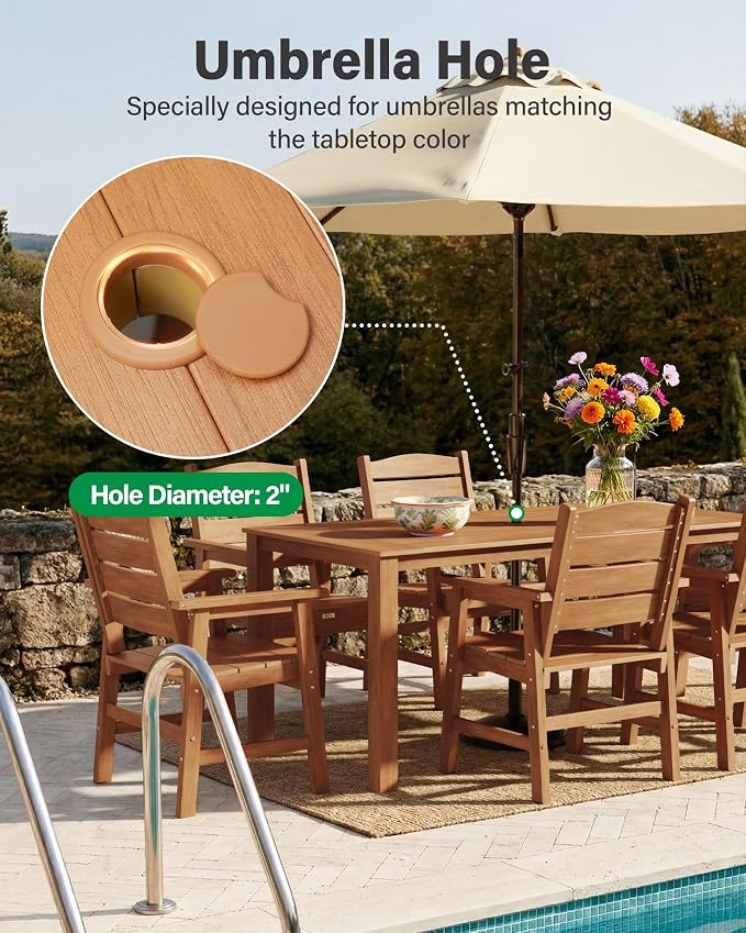 YEFU Outdoor Patio Table HIPS: 67" Rectangle Outdoor Dining Table with Umbrella Hole & Metal Aluminum Frame - All-Weather Patio Dining Table for 6 Person Modern Outside Furniture for Deck Garden Teak