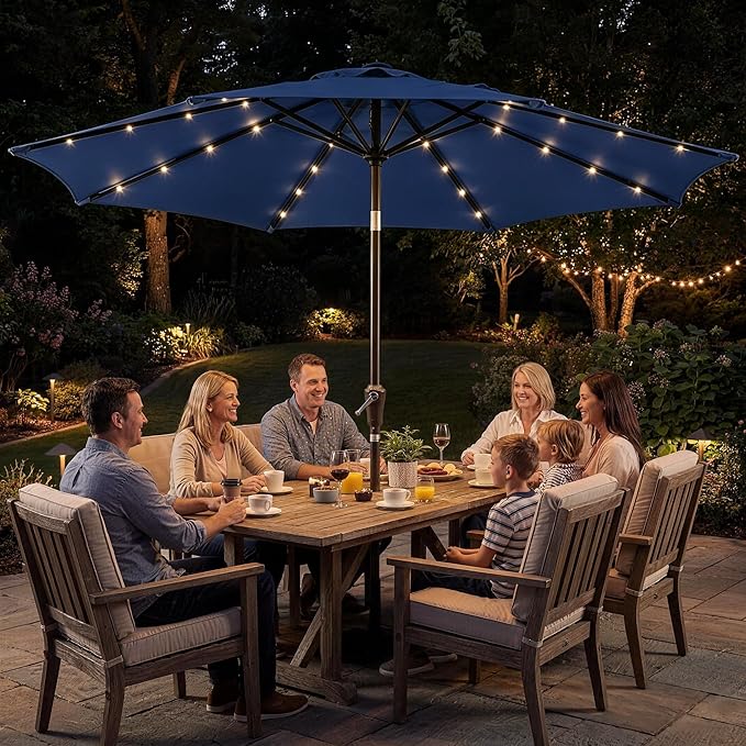 Garvee 9FT Patio Umbrella with 32 Solar LED Lights, Outdoor Table Market Umbrella with Tilt and Crank, 8 Sturdy Iron Ribs Sun Shade for Garden, Deck, Backyard and Pool, Navy Blue