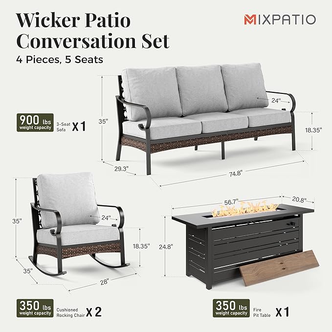 Patio Furniture Set with Firepit Table, Black Frame Outdoor Conversation Set with 2 x Rocking Chairs, 1 x 3-Seat Sofa for Lawn Garden Backyard, Light Grey