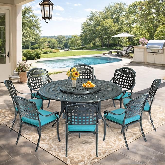 VIVIJASON 9-Piece Outdoor Furniture Dining Set, Rust-Free Cast Aluminum Patio Conversation Set, Include 8 Cushioned Chairs & 61" Round Dining Table with 31" Lazy Susan, Umbrella Hole, Ocean Blue