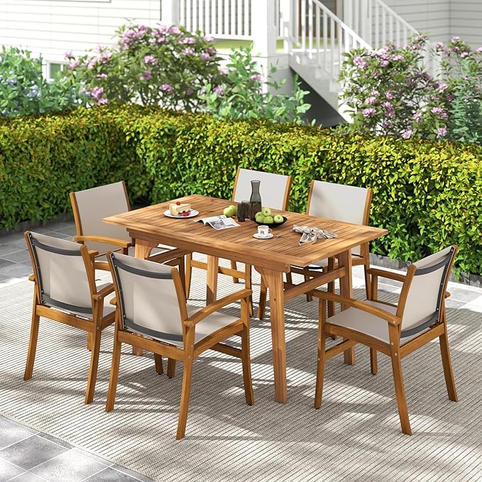 Tangkula 9 Pieces Acacia Wood Patio Dining Set for 6-8, Outdoor Expandable Table and Chairs Set with 1.97" Umbrella Hole and Breathable Fabric for Garden, Lawn, Yard and Poolside