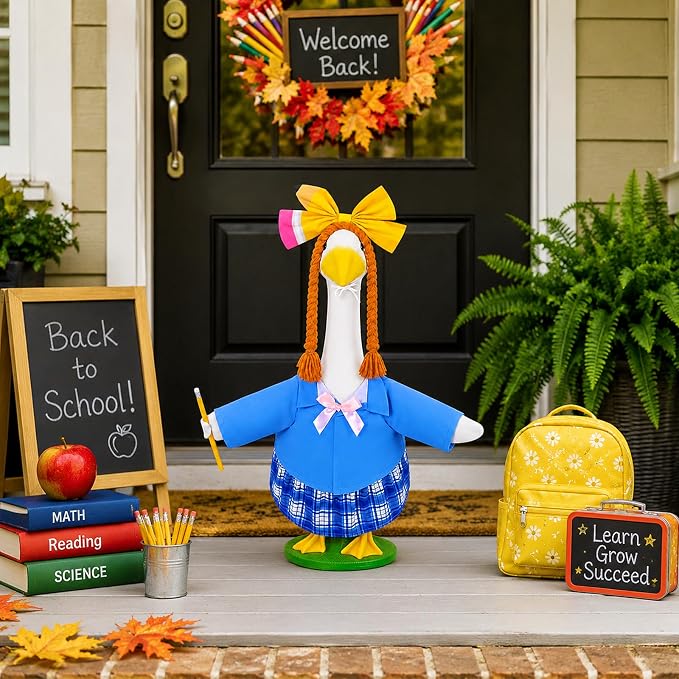 JcHrmers Back to School Goose Outfit Student Porch Goose Outfits School Nniform Lawn Goose Clothes Fits 23" Cement Plastic Goose Statue for School Classroom Outdoor Garden Yard Patio Decor