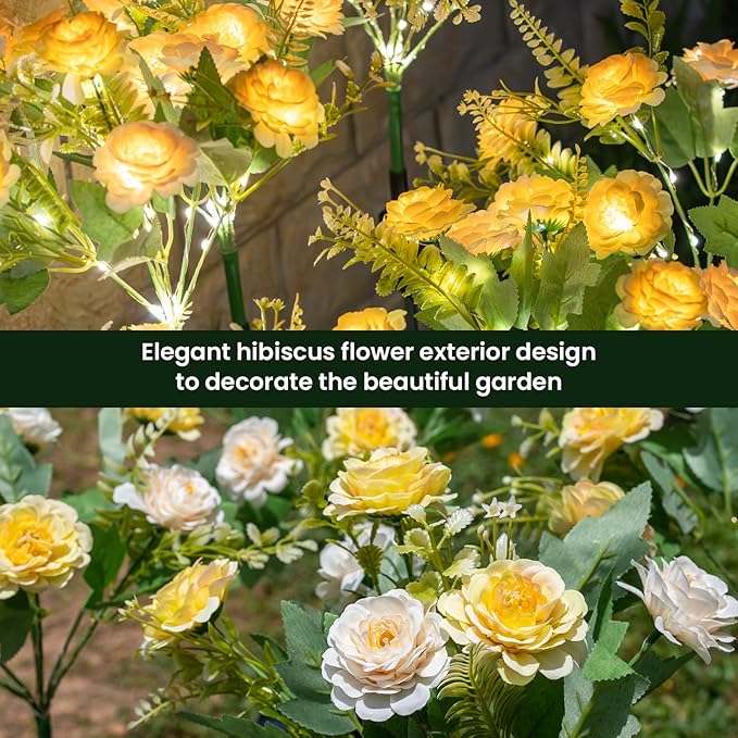 4 Pack Solar Garden Lights Outdoor, 42" Tall 42 LEDs Hibiscus Solar Flower Lights, IP65 Waterproof Decorative Landscape Lighting for Pathway Patio Yard Walkway Decor (Warm White)
