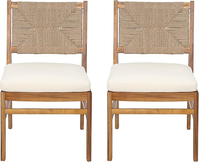Christopher Knight Home Harly Acacia Wood Patio Dining Set for 6, Solid Wood Outdoor Dining Table Set for 6, 7 Piece Outdoor Dining Set with Rectangular Table and Wicker Backrest, Teak+Cream