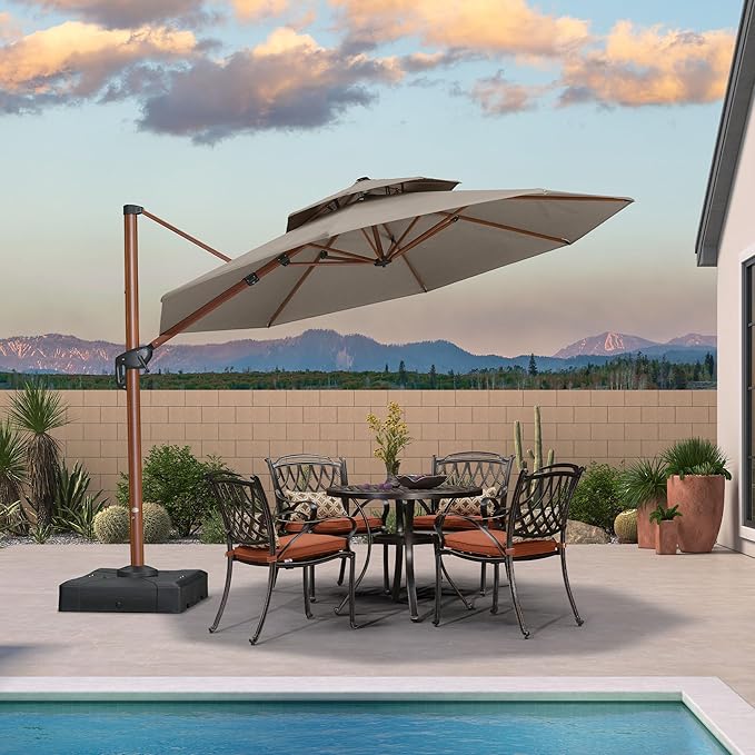PURPLE LEAF 11ft Patio Large Cantilever Umbrella Outdoor Round Wood Umbrellas Offset Umbrella Heavy Duty Sun Umbrellas for Garden Deck Pool, Heather Taupe