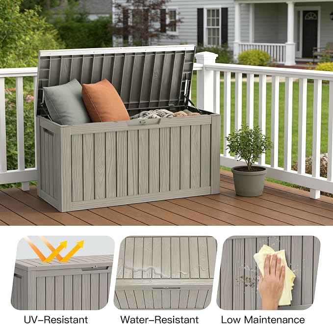 Mars Villa 80 Gallon Deck Box, Waterproof Resin Storage Bin with Lockable Lid, Weatherproof and UV Resistant, for Outdoor Patio Furniture Cushions, Pool Supplies, Garden Tools, Grey