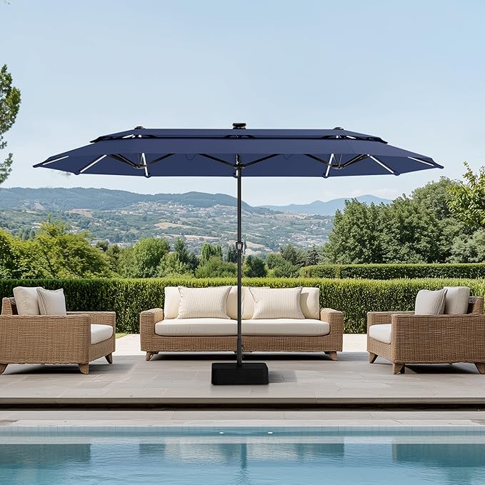 PHI VILLA 13ft Patio Umbrella with 120 PCS Solar-Powered LED Color-Changing Lights, 2-Tier Double-Sided Large Rectanglular Umbrella with Base Included, Blue