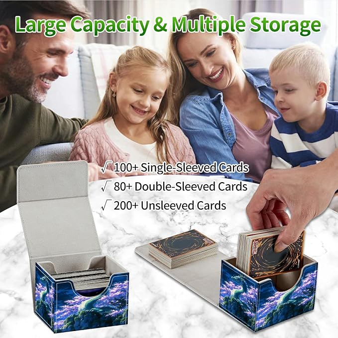 Card Deck Box for MTG, Cards Storage Box Fits 120+ Sleeved, Leather Small Size Strong Magnetic Closing Card Case for Board Games Magic TCG CCG Baseball Collection, Purple Tree Dragon