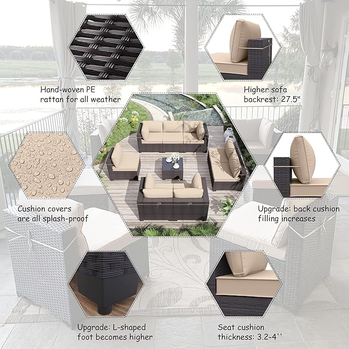 ALAULM 9 Pieces Patio Furniture Set Wicker Patio Conversation Set with 4 Corner Sofas, Outdoor Sectional Furniture w/Coffee Table & Washable Seat Cushions-Sand