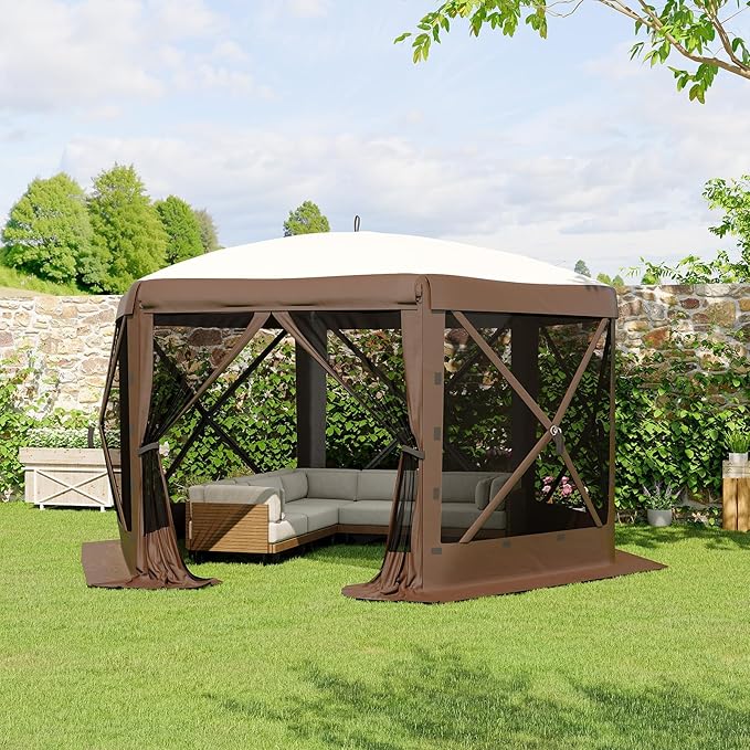 GarveeLife 11.5x11.5FT 6-Sided Pop Up Gazebo Tent，One-Push Setup Canopy Tent with Mesh Panels & Removable Wind Cloths, Outdoor shelter for Camping, Backyard Parties, Outdoor Events - Beige & Khaki