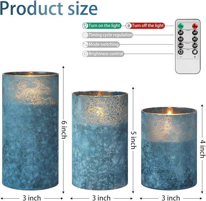 Blue Flameless Candles Set of 3, Sandblasted Glass LED Pillar Candles with Remote, Battery Operated Flickering Candles for Coastal Home Decor, Party Bathroom Holiday Birthday Wedding Decoration