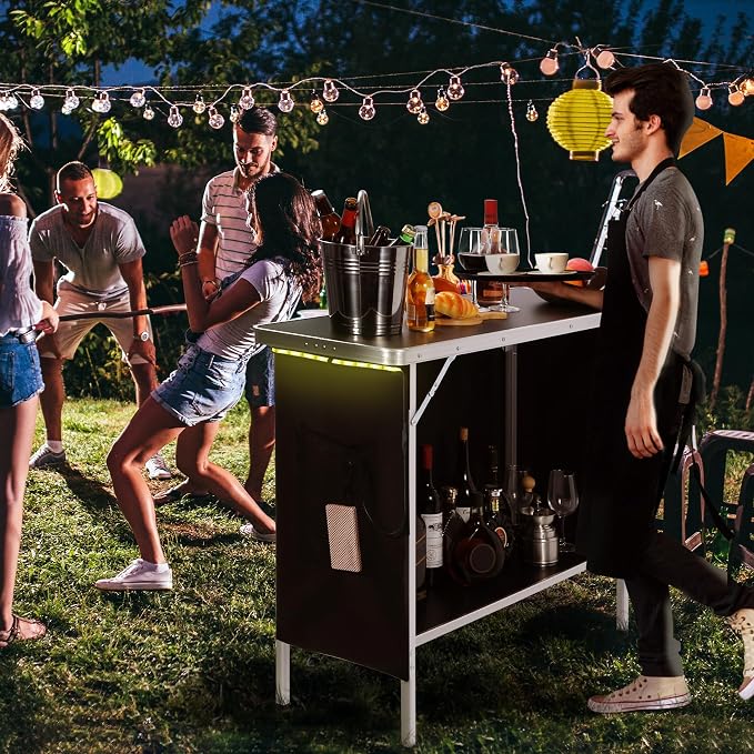REDCAMP Portable Double Bar Table with Multi-Color LED Lights, Pop Up Folding Mobile Bar Bartender Station Podium Table for Events, Party, Camping, Tradeshow, Exhibition, Easy Setup, Black,43"x33"x15"