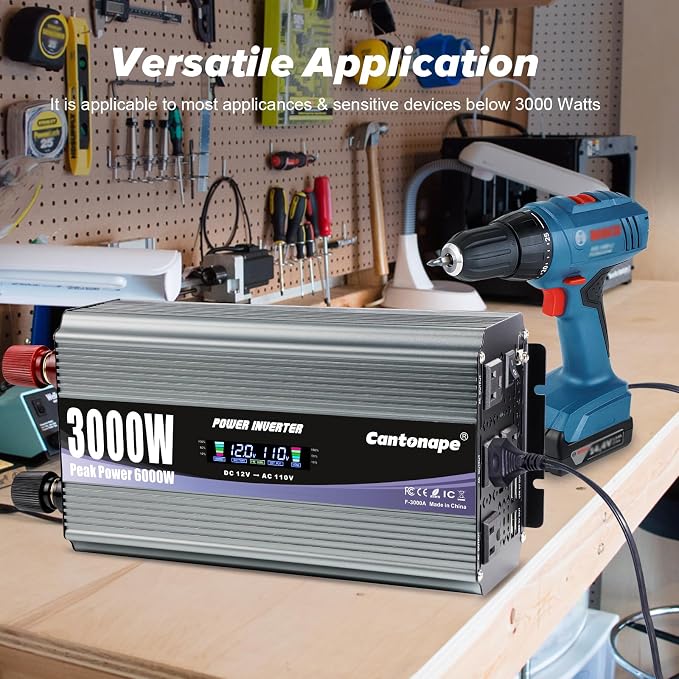 Cantonape 3000W Power Inverter 12V to 110V/120V DC to AC with LCD Display, Remote Controller and 4 x AC Outlets Car Adapter for Car Truck Boat RV Off Grid Solar System