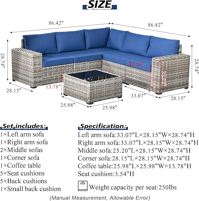 HOOOWOOO Outdoor Patio Sectional Furniture Sofa Set with Widened Armrest,6 Piece Small Modern Wicker Couch,Modular L Shaped Conversation Seating Set with Table for Out Door Garden Corner(Navy Blue)
