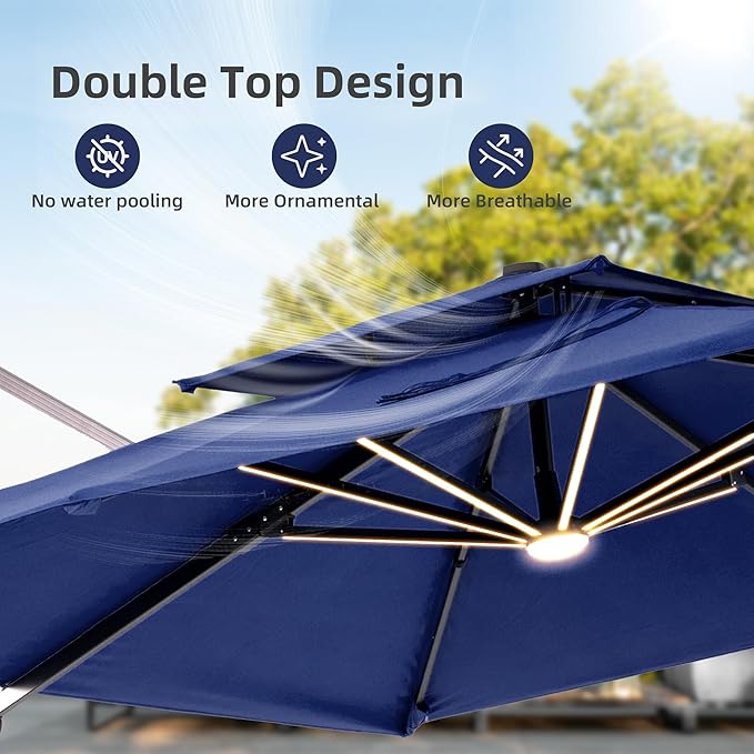 9x12 FT Patio Umbrella with Weighted Base and LED Lights Cantilever Outdoor Large Heavy Duty Rectangle Aluminum Offset Umbrellas Double Top 360 Rotation for Pool Deck Garden, Navy