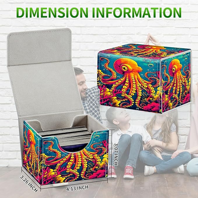 Card Deck Box for MTG, Cards Storage Box Fits 120+ Sleeved, Leather Small Size Strong Magnetic Closing Card Case for Board Games Magic TCG CCG Baseball Collection, Octopus Ocean Bottom