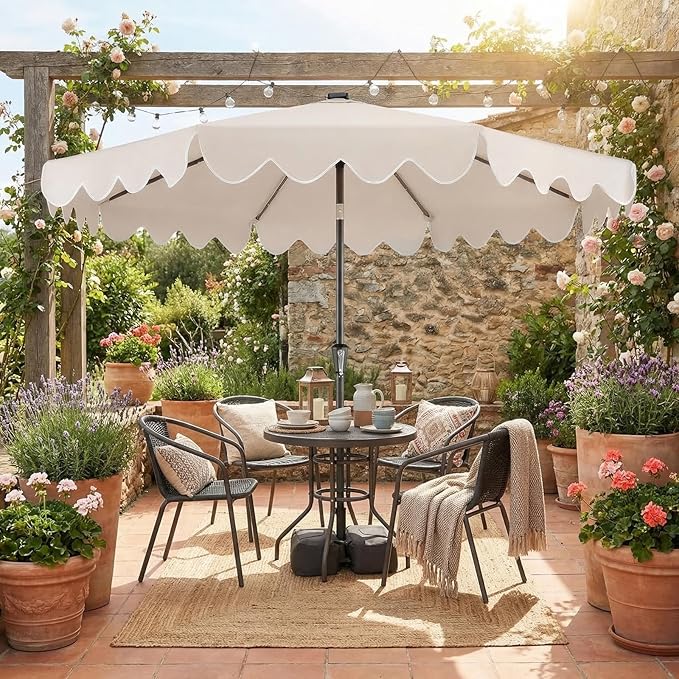 Happygrill 9FT Solar Patio Umbrella, Outdoor Market Table Umbrella with 32 LED Lights, Weighed Base, 2 Sandbags, Tilt & Crank, 8 Ribs, Fabric Canopy Sunshade, Vented Top for Garden Deck Pool Backyard (Beige)