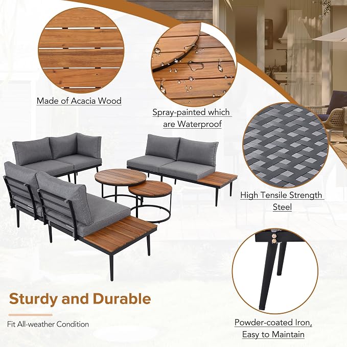 6-Piece Metal Outdoor Sectional Sofa Set with Round Nesting Coffee Tables, L-Shaped Patio Furniture Set Seating Sofa with Cushions for Patio, Porch and Garden, Gray