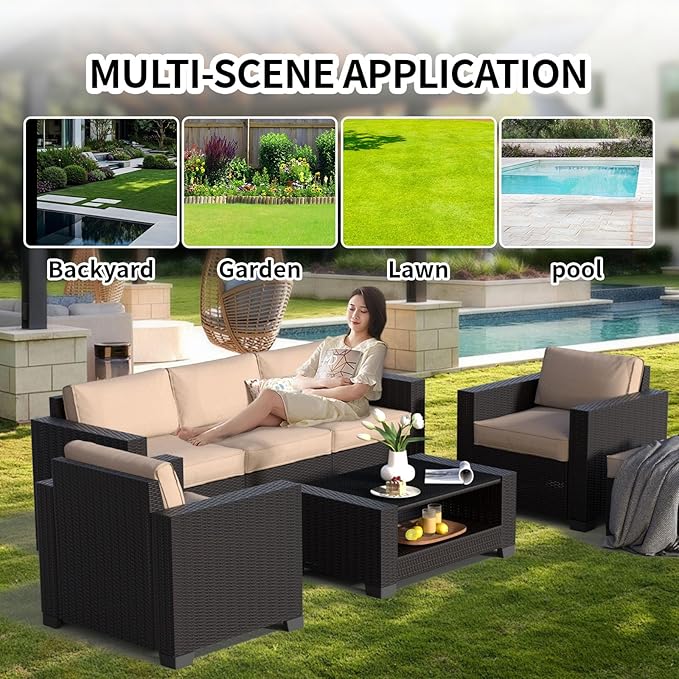 SHGJ&SOFT 7 Piece Patio Furniture Set, Wicker Outdoor Sectional Sofa with Washable Cushion Covers and Tempered Glass Table, Rattan Conversation Set for Poolside