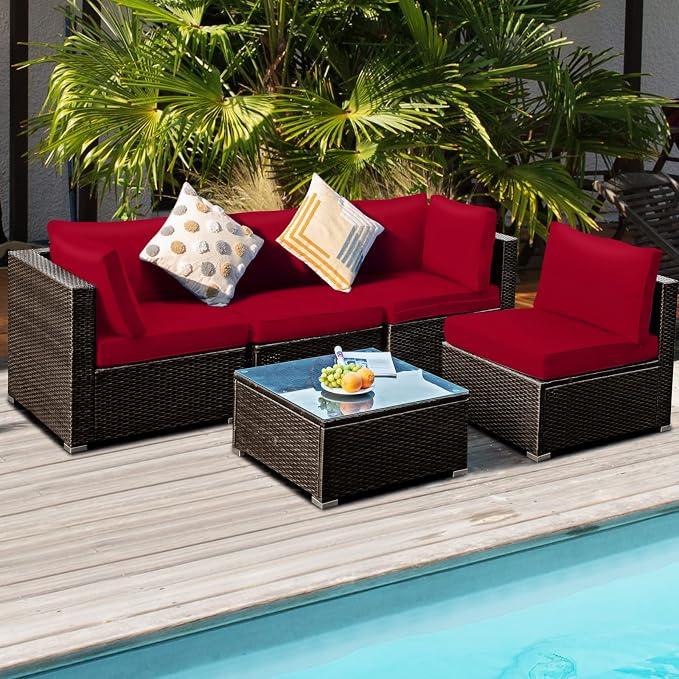 HAPPYGRILL 5-Piece Patio Furniture Set Outdoor Rattan Wicker Sofa Set with Coffee Table Sectional Sofa Conversation Set with Pillows Cushions for Backyard Porch Garden Poolside