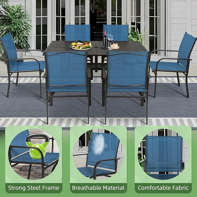 Incbruce 7 Pieces Patio Dining Set, Outdoor Dining Set of 6 Textilene Chairs and Rectangle Table with Umbrella Hole for Backyard, Garden, and Poolside (Blue)
