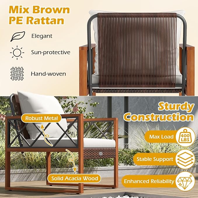 Tangkula 3 Pieces Patio Wicker Furniture Set with Acacia Wood Frame, Outdoor Conversation Cushioned Chairs and 2-Tier Tempered Glass Coffee Table for Porch, Balcony, Garden and Backyard (Off White)