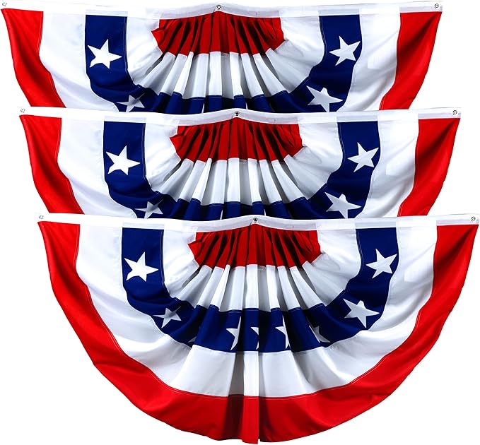G128 – 3 Pack: USA Pleated Fan Flag, 1.5x3 Feet American USA Bunting Decoration Flags PRINTED 150D Patriotic Stars and Stripes with Canvas Header and Brass Grommets
