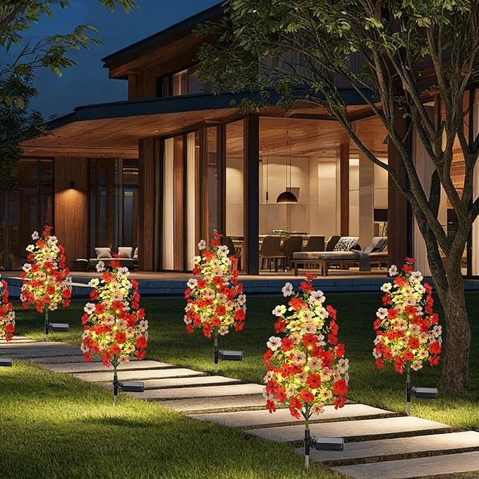 Solar Garden Flower Lights Outdoor Waterproof 2 Packs Solar Lights with Fake Orchid Flower Fairy Lights Outdoor Patio Yard Pathway Decoration Ideal Gifts for Women Mother's Day