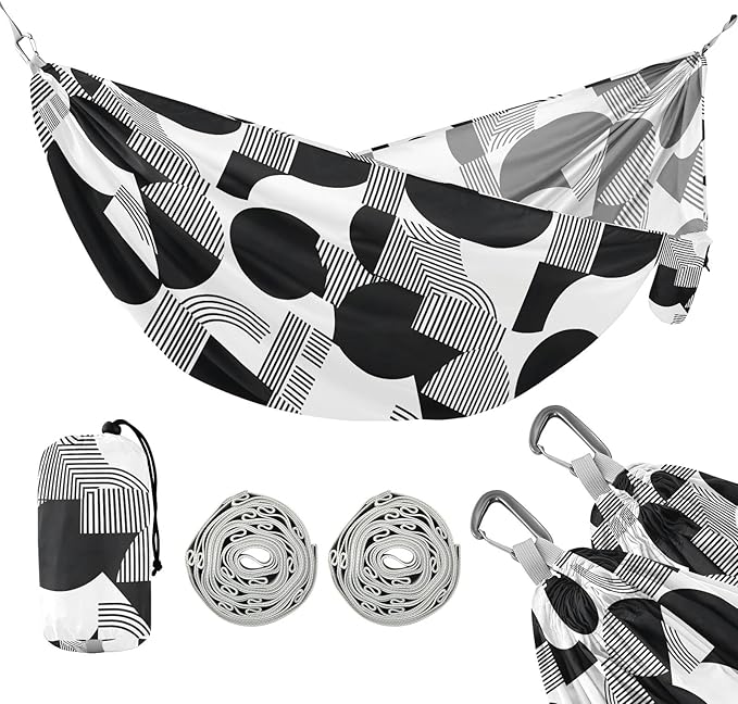 Camping Hammock Outdoor Hammocks for Outside Black White Line Beach Trees Portable Lightweight with Pockets Tree Straps Indoor