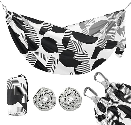 Camping Hammock Outdoor Hammocks for Outside Black White Line Beach Trees Portable Lightweight with Pockets Tree Straps Indoor
