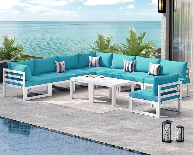 NICESOUL 10 Piece Oversized Modern Aluminum Patio Furniture Set, All Weather Rust Resistant Modular Sectional Sofa with Side Table, 500 lbs Heavy Duty Comfortable Outdoor Couch for Backyard Lawn, Teal