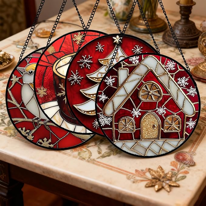 DASTOLL Stained Glass Window Hanging 4 Pcs Set Red Christmas Themed Decorations 6.3" - Suncatcher Door Garden Sun Catcher Decor Birthday New Year for Mom Woman Nana Men