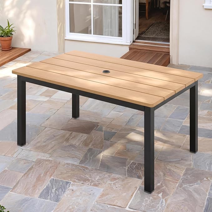 Aluminum Outdoor Patio Dining Table for 4-6 Person, All-Weather Rectangular Outdoor Table with Umbrella Hole for Garden Backyard Poolside Nature Wood