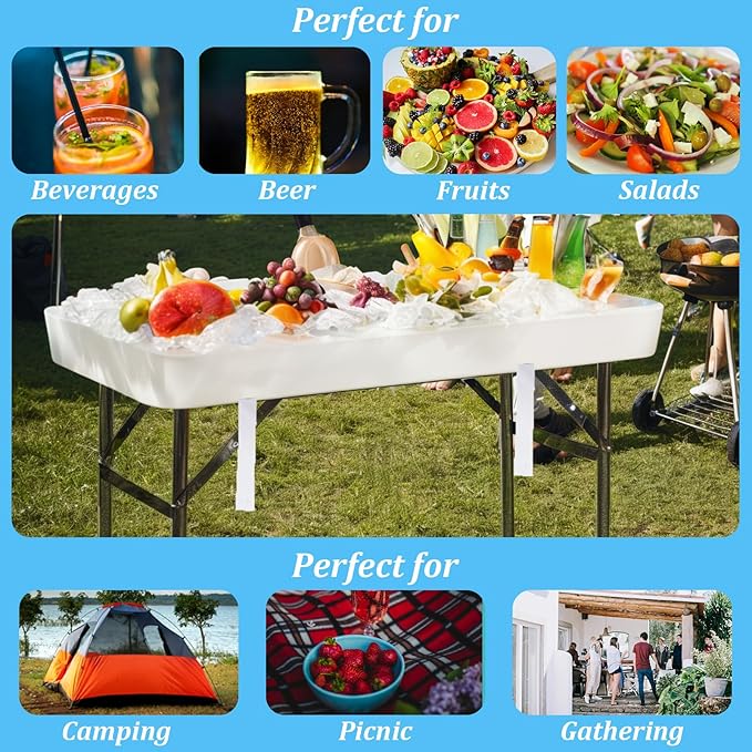 5 Foot Folding Ice Cooler, Outdoor Buffet Cold Food Keeper with Drain Hose, Foldable Beverage Cooler Buffet Salad Serving Chill Table for Party, Picnic, BBQ, Camping