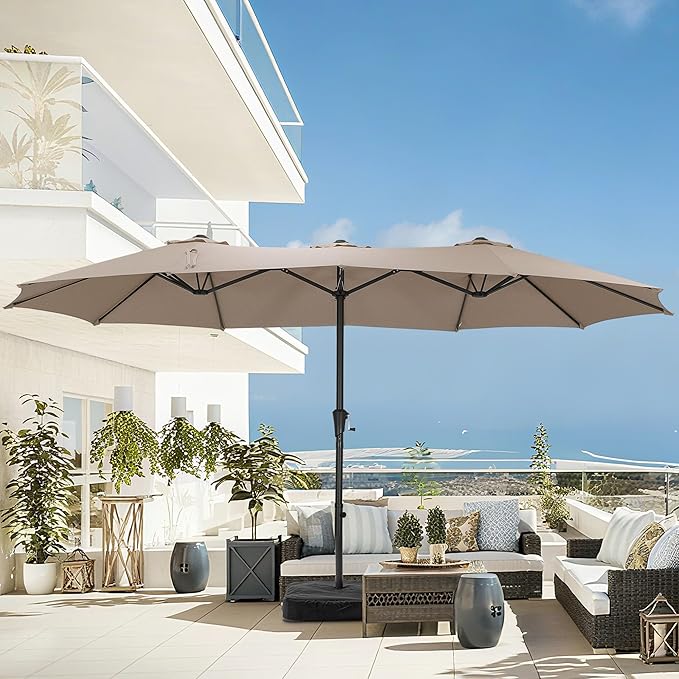 15 ft Patio Umbrella with Base, Large Rectangle Outdoor Umbrella with Matching Stand, Strap, Crank, Khaki