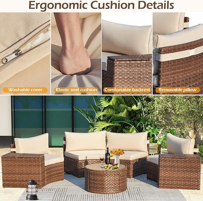 ECOTOUGE Outdoor Patio Furniture Set, 7-Piece Half-Moon All-Weather Wicker Curved Outdoor Sofa, Rattan Conversation Set with Storage Table, Fit for Pool, Backyard, Balcony, Garden(Brown&Beige)