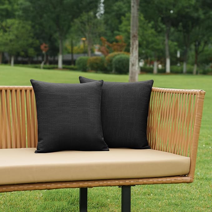NiNi ALL Pack of 2 Decorative Outdoor Waterproof Pillow Covers Square Garden Linen Textured Cushion Sham Throw Pillowcase Set of 2 for Patio Farmhouse Garden Tent Couch 26x26 Inch Black