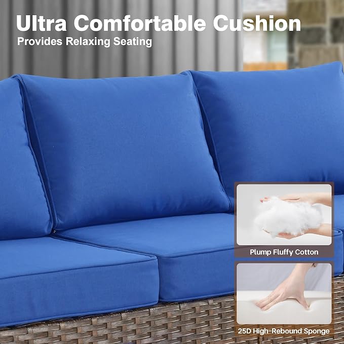ovios 6 Pieces Patio Furniture Set, Outdoor Wicker Sofa Couch with 42" Fire Pit Table Comfy Cushions, All Weather Brown Rattan Conversation Set for Backyard Deck, Navy Blue