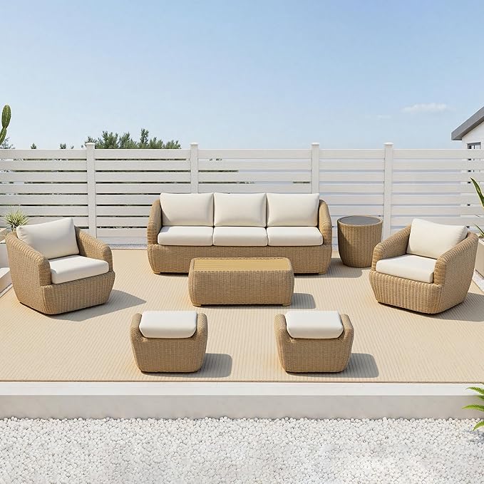 CHITA 7 Pieces Patio Wicker Furniture Set, Outdoor Rattan Bistro Set with Removable Thickened Cushions, Fully Assembled