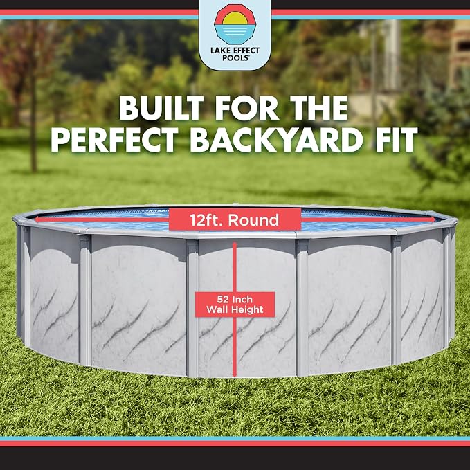 Lake Effect Pools 'Galleria' 12 ft Round Above Ground Swimming Pool Bundle | 52 Inch Height | Steel Sided Walls | Kit Includes: 25 Gauge Liner, A-Frame Ladder, Sand Filter/Pump, & Skimmer