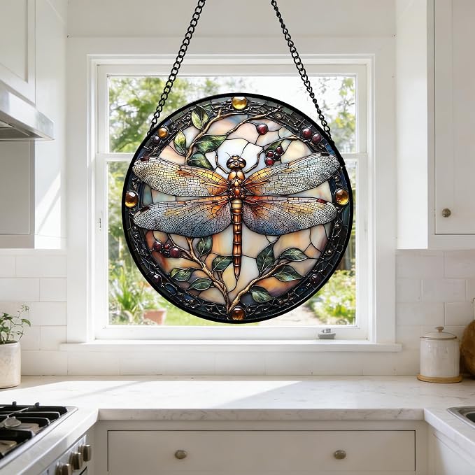 DASTOLL Stained Glass Window Hanging - Dragonfly Plant Suncatcher Ready to Hang Window Doors Home Decoration, Christmas, Mother's Day Birthday Gifts for Women, Men, and Mom 7.8x7.8 in