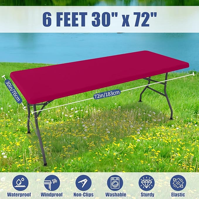 Moosfor Spandex 6 Foot Rectangle Table Cloth 2 Pack, Elastic Fitted Tablecloths for Picnic, Stretch Washable Patio Table Cover for Outdoor, Camping, Banquet and Parties (Fuchsia, 30"x72")