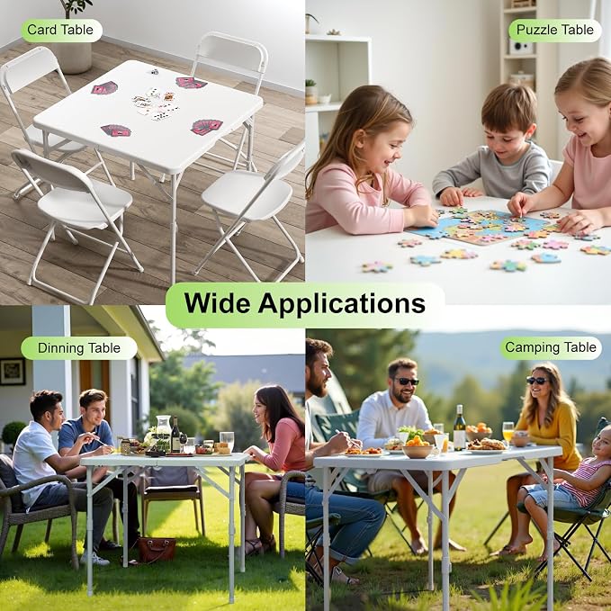 34" Folding Table, Portable Square Card Table with Collapsible Legs and Carrrying Handle, White Plastic Foldable Tables for Camping, Picnic, Office, Party, Events, Puzzle, Games, Working