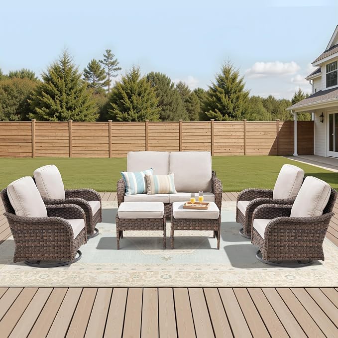 7 PCS Patio Furniture Set, Outdoor Wicker Loveseat & 4 Swivel Rocking Chairs with 2 Ottomans, 4-Inch Thick Olefin Cushions, 300 lbs Capacity Rattan Conversation Set for Porch, Beige