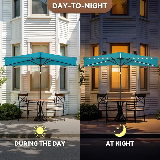 FLAME&SHADE 9 FT Solar Half Patio Umbrella with 25 LED Lights, Half Outdoor Umbrella with Button Tilt, Half Round Table Umbrella For Deck, Backyard, Balconies, Decks, Rvs, UV Protection (Aqua Blue)